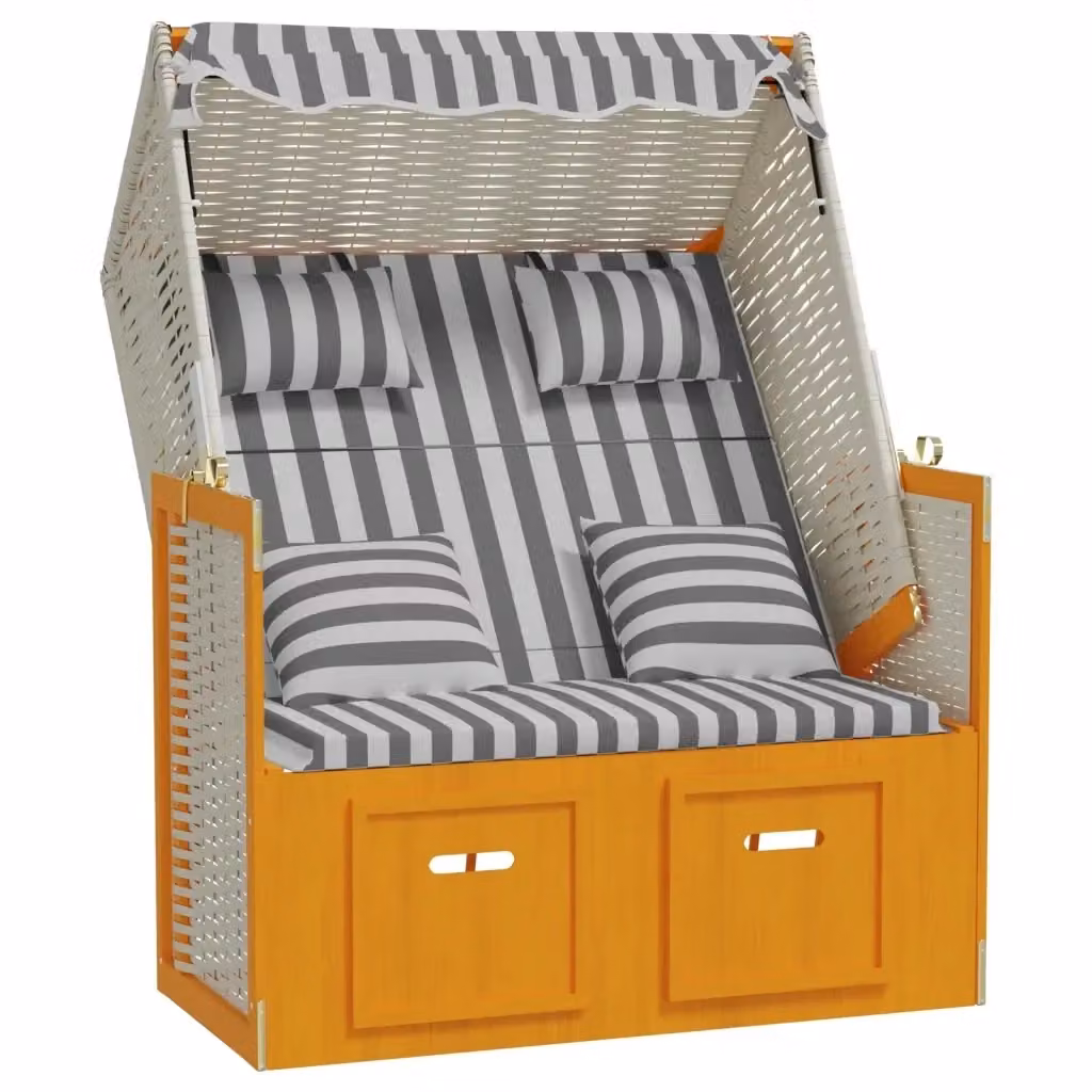 Strandkorb vidaXL in Polyrattan e Legno di Abete con Cuscini e Tendalino, Bianco e Grigio a Righe – 2