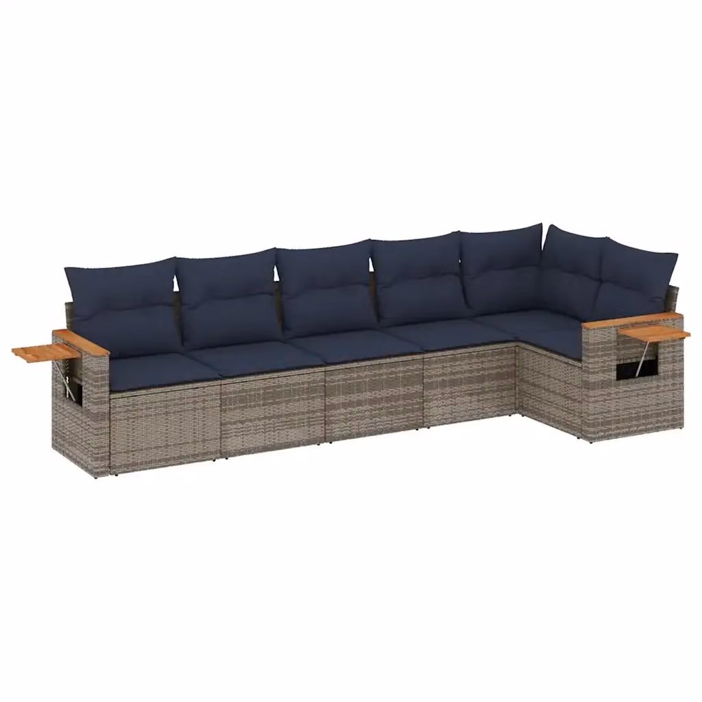 Set Divani da Giardino vidaXL 6 pz a Forma a L con Cuscini Blu e Grigio in Polyrattan e Legno di Acacia – 2