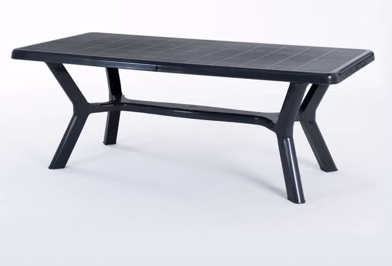 Tavolo rettangolare da esterno 200x95 cm in polipropilene con gambe incrociate, struttura rinforzata in metallo e apertura per ombrellone - SAMUEL - Nero