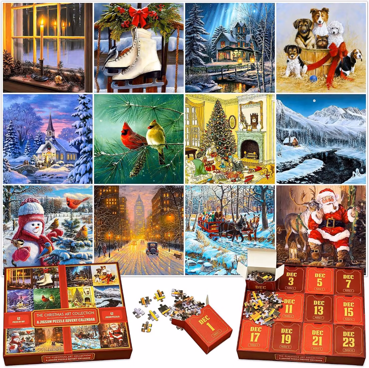Calendario dell'Avvento con puzzle unico – Collezione "Arte di Natale" – Set di dodici puzzle da 100 pezzi – Ideale per bambini