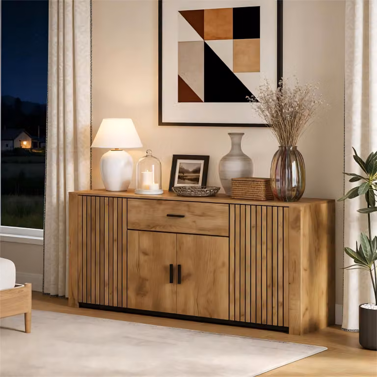 Credenza Merax con 4 ante e 1 cassetto, mobile ausiliario con ripiani regolabili, per soggiorno, sala da pranzo, comò multifunzionale, legno