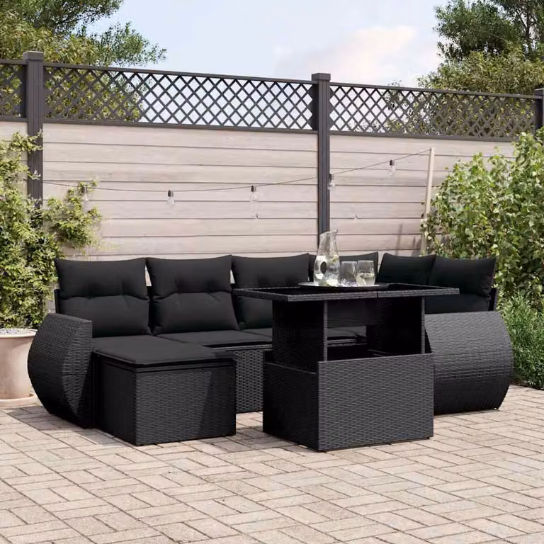 Set di Divani da Giardino vidaXL a Forma di L con 7 Pezzi e Cuscini, Polyrattan e Metallo, Nero
