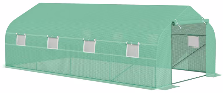 Serra Moonbite modello Tomatenhaus, dimensioni 595 x 300 x 200 cm, con tetto a falde, serra in film plastico accessibile, porte a rullo, copertura impermeabile con protezione UV, struttura in ferro zincato, colore verde