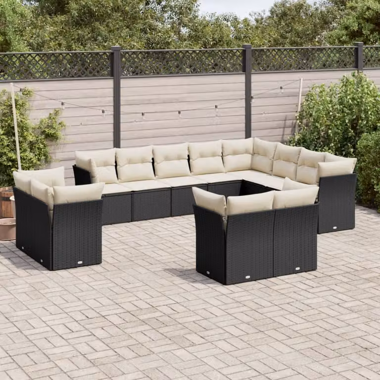 vidaXL Set Divani da Giardino a Forma di U con Cuscini, Polyrattan e Struttura in Acciaio, Nero e Bianco