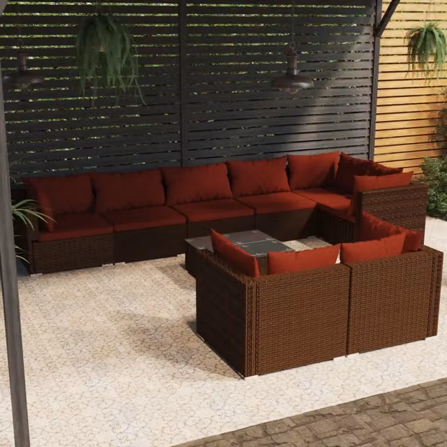 Set di Divani da Giardino a L vidaXL 9 pz con Cuscini e Tavolino in Polyrattan Marrone e Rosso