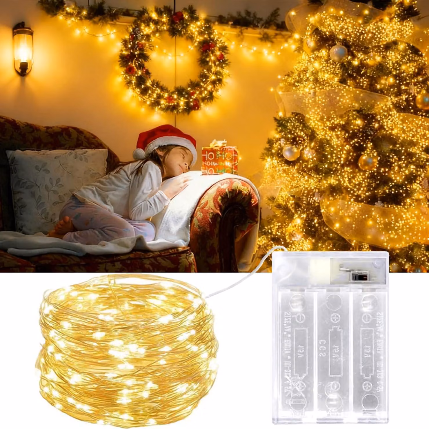 Catena luminosa a LED, 12 metri, 120 LED bianco caldo, alimentazione a batteria, grado di protezione IP43