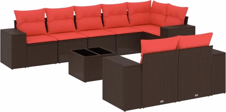 Set Divani da Giardino 9 pz con Cuscini Marrone in Polyrattan