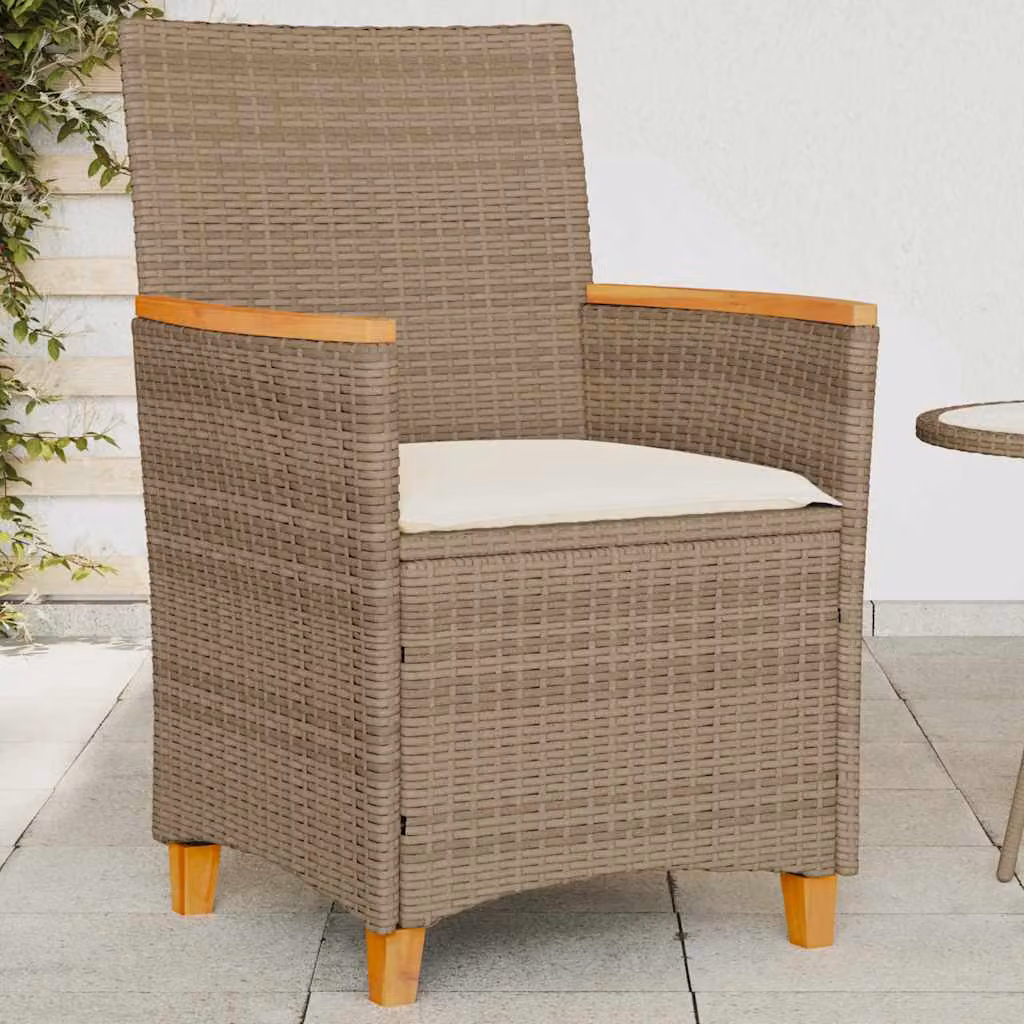 Set di 2 sedie da giardino vidaXL in polyrattan e legno di acacia con cuscini beige e braccioli