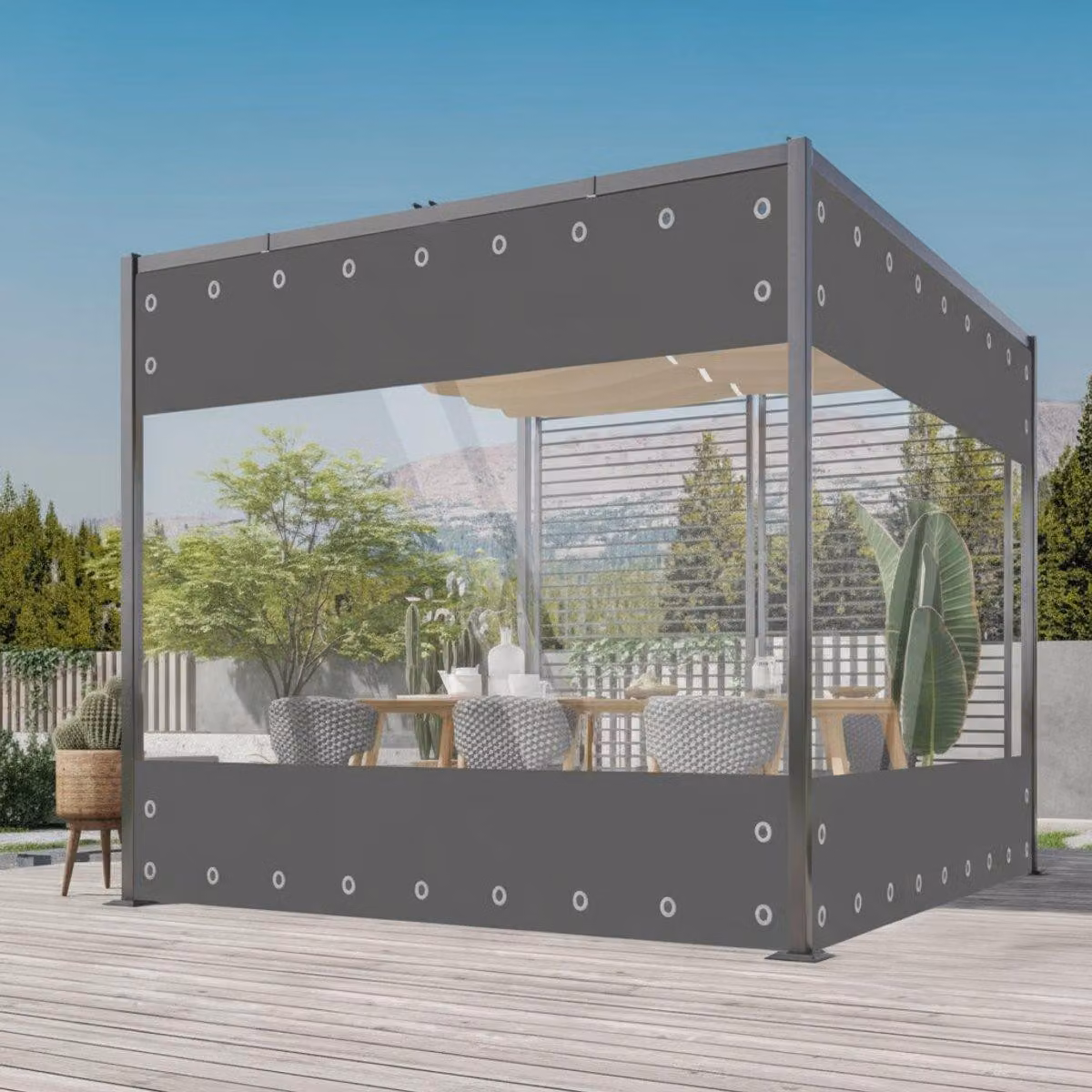 Telone in PVC trasparente – Impermeabile – Copertura – Veranda – Tettoia – Frangivento – Grigio – 210x300 cm