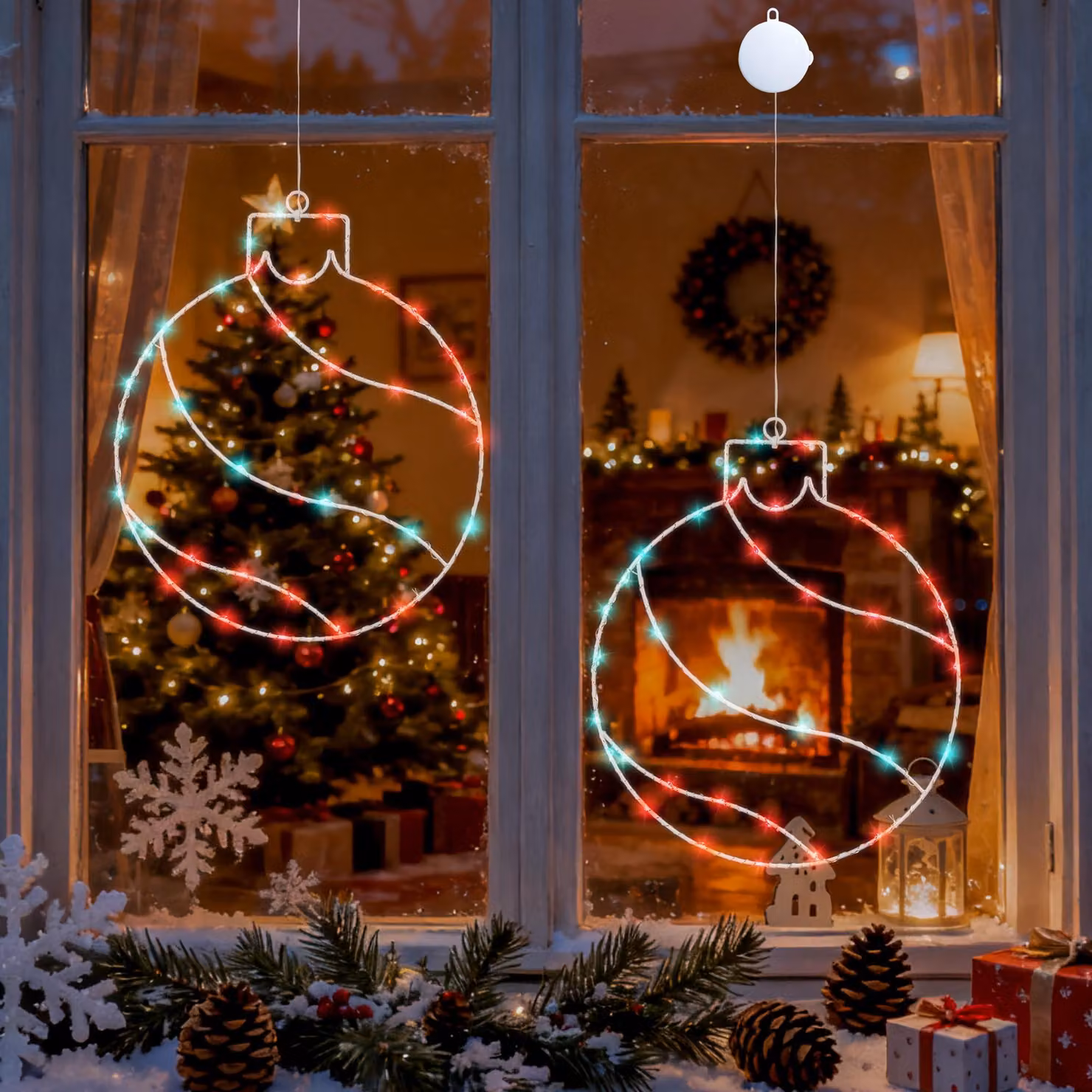 Tende luminose a LED per Natale, confezione da 2, con 78 luci a LED, alimentate a batteria, decorazioni natalizie per finestre
