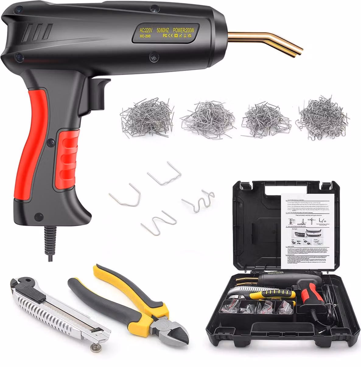 Saldatrice per plastica Techstar® da 200W – Saldatrice plastica 2 in 1, con predominanza di graffette termiche, LED, set completo in scatola, 200 graffette incluse