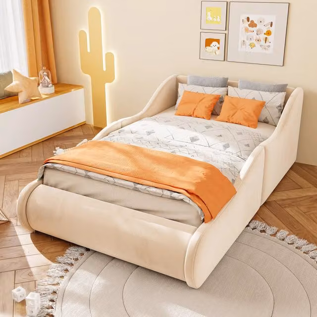 Letto imbottito per bambini 90x200 cm; beige; con testiera alta e sponde laterali
