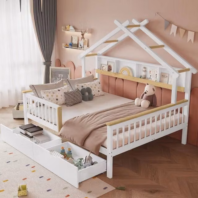 Letto per bambini con protezione anticaduta e grata ¨C Minimal ¨C Legno di pino e MDF bianco colore naturale 140x200cm