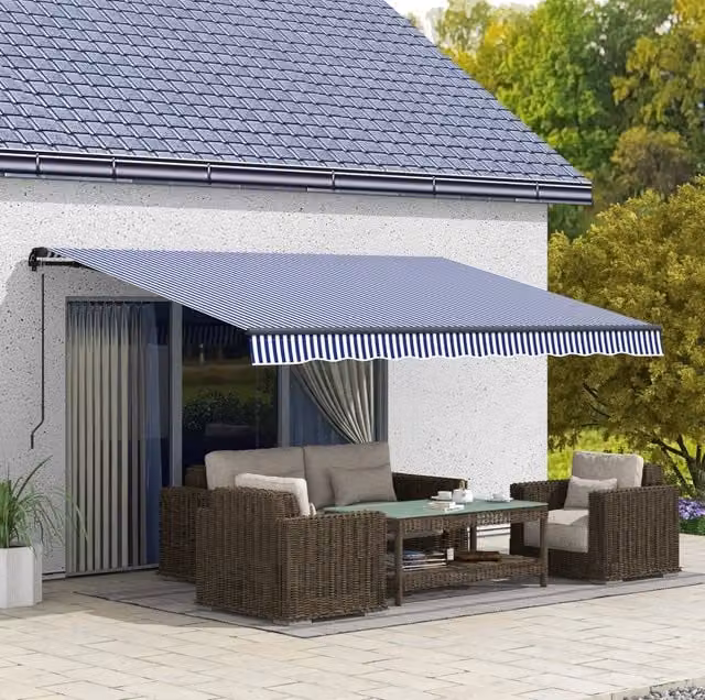 Tenda da sole a parete ULEVR 4x3 m con manovella, inclinazione regolabile 45-85¡ã, blu e bianco