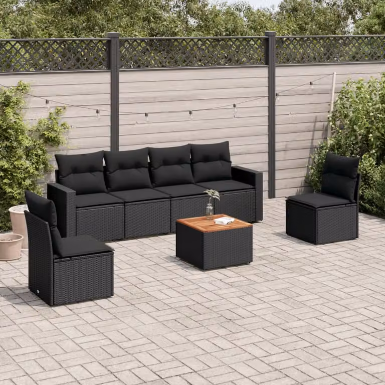vidaXL Set Divani da Giardino 7pz in Polyrattan con Cuscini e Tavolino Nero e Marrone