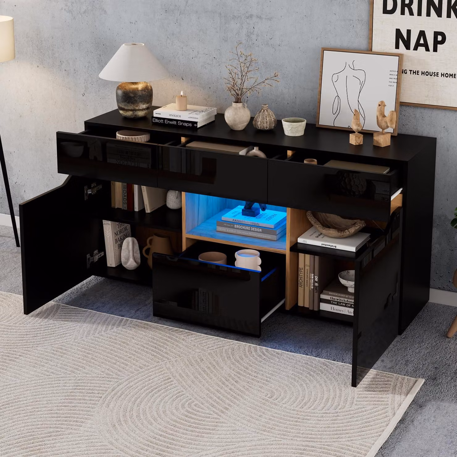 MODFU Credenza Frontale lucido Cassetti senza maniglie Vani armadio Illuminazione a LED Soggiorno Pannello truciolare Nero Colori legno