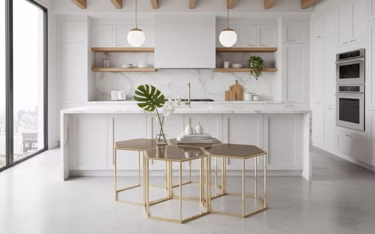 Tavolino da salotto moderno, minimalista, dorato, elegante, di classe e confortevole