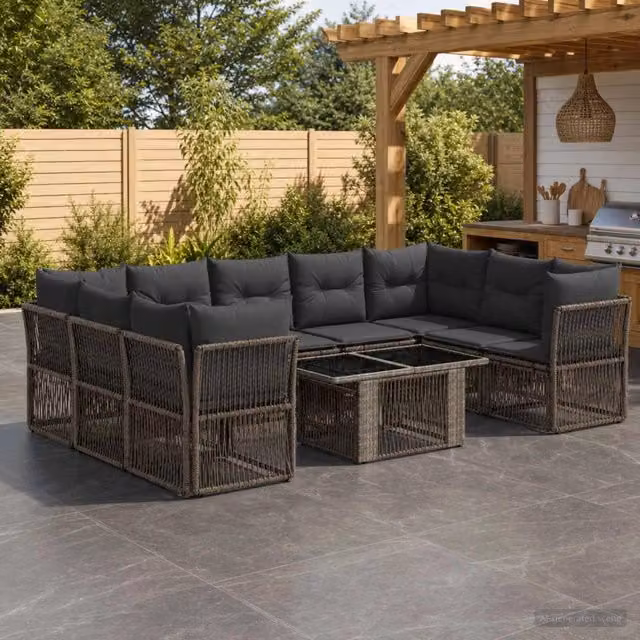 Set Divano da Giardino vidaXL in Polyrattan Grigio con Cuscini e Tavolino da Esterno a Forma di U – 1