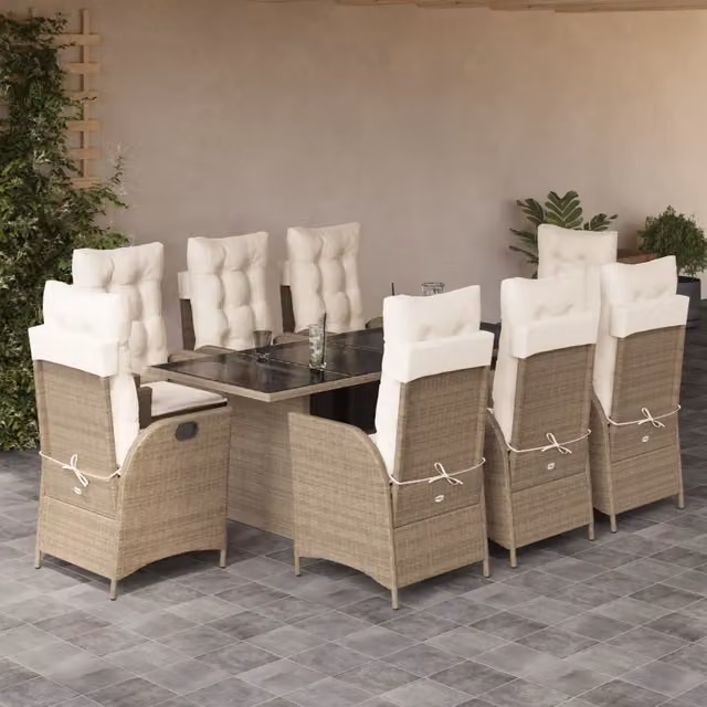 Set da pranzo da giardino vidaXL in polyrattan con cuscini beige e piano in vetro, 9 pezzi – 1