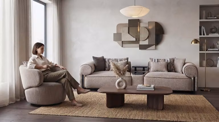 Modernes Beiges 3-Sitzer Sofa Sessel Holzrahmen Wohnzimmer Couch