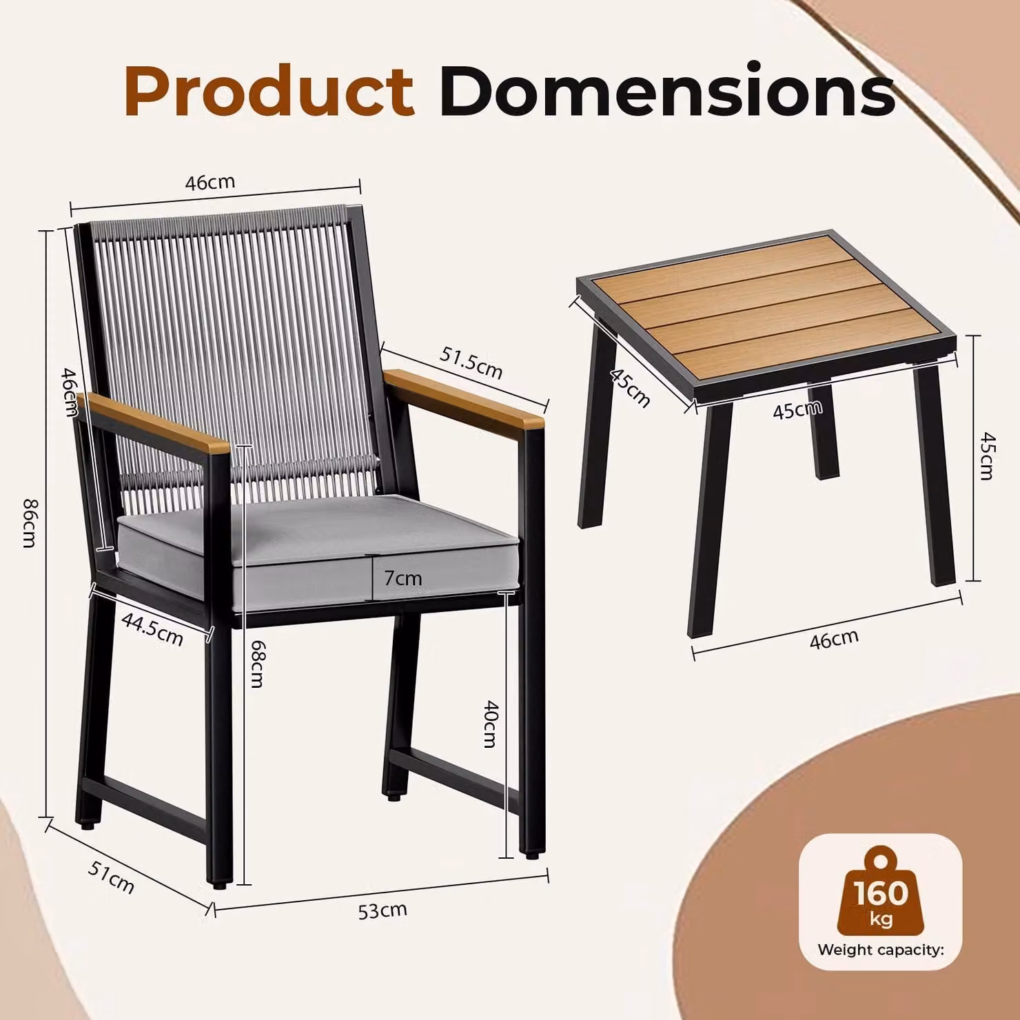 Set di mobili da giardino in rattan - Set da balcone da 3 pezzi - 2 poltrone + tavolino - Struttura in metallo - Con cuscini - Nero grigio