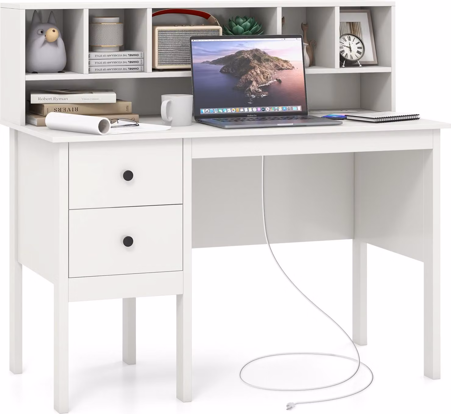 Scrivania, tavolo per computer da 120 cm, con cassetti e 5 scomparti, scrivania per ufficio, camera da letto, colore bianco