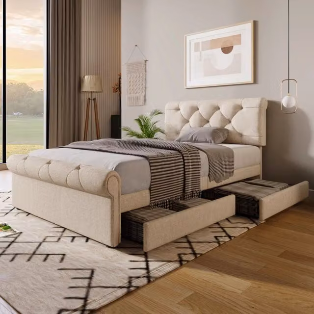 Letto singolo 90 × 200 cm con 2 cassetti, testiera regolabile, senza materasso, in lino naturale