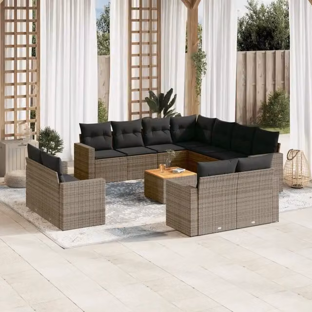 Set di divani da giardino vidaXL in polyrattan grigio con cuscini, tavolino e pouf per esterno – 1
