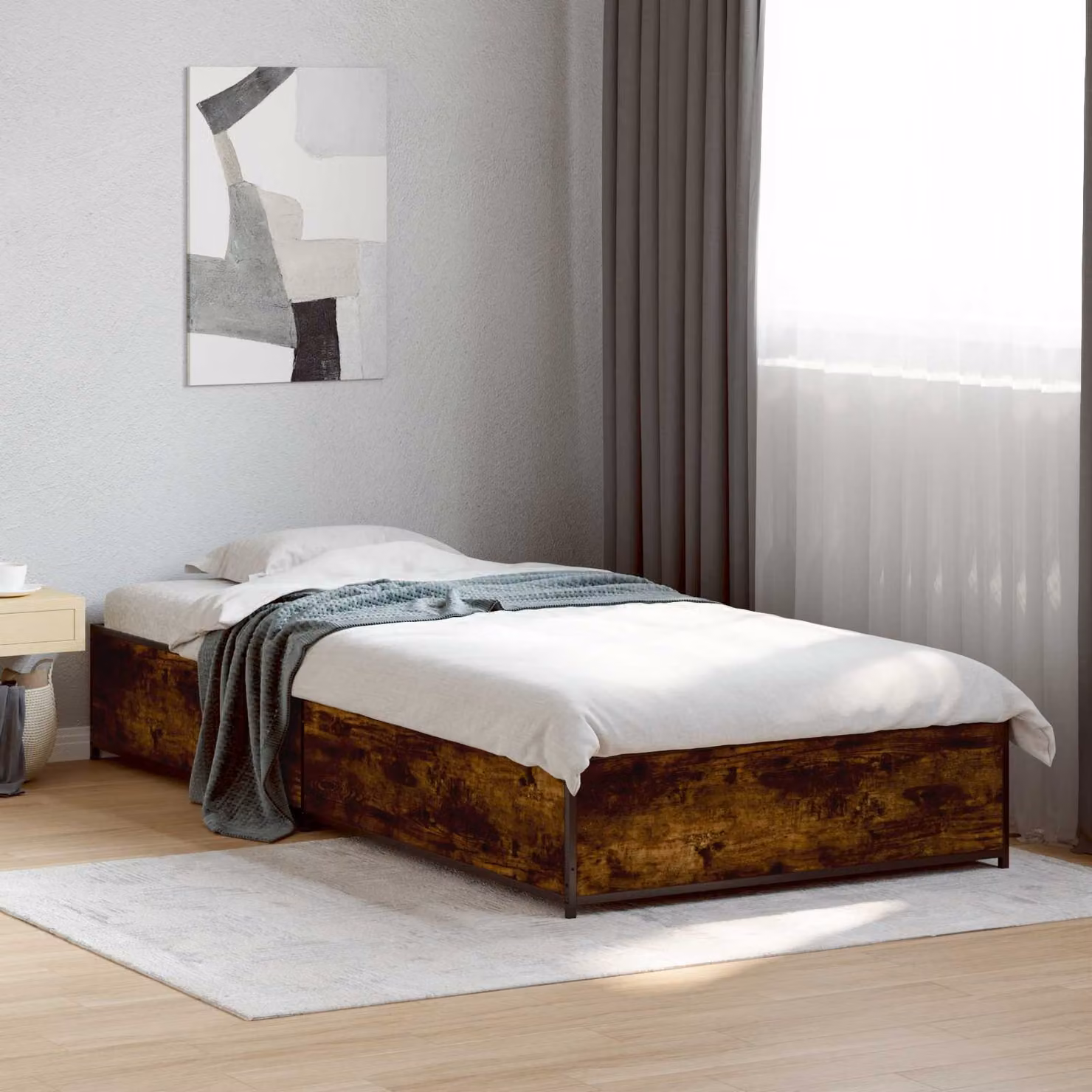 Struttura del letto moderna vidaXL in legno e metallo, Rovere Fumo e Nero, L 80 x P 200 cm