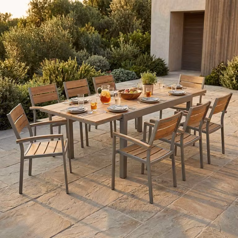Milani Home - Set Tavolo E Sedie Da Giardino Per Esterno In Alluminio E Legno Resistente Di Teak Cm 160/240x95x75 H Con 8 Sedute - Taupe