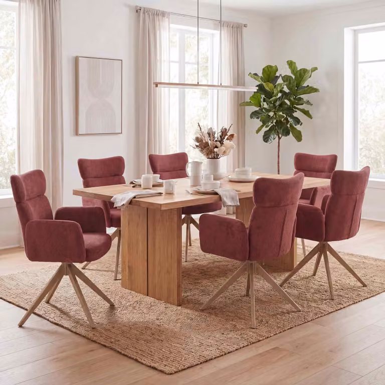 Set di 6 sedie da pranzo modello HWC-N11, sedia girevole con meccanismo di ritorno automatico, rivestita in tessuto bouclé (350g/m²), colore bordeaux, gambe effetto legno