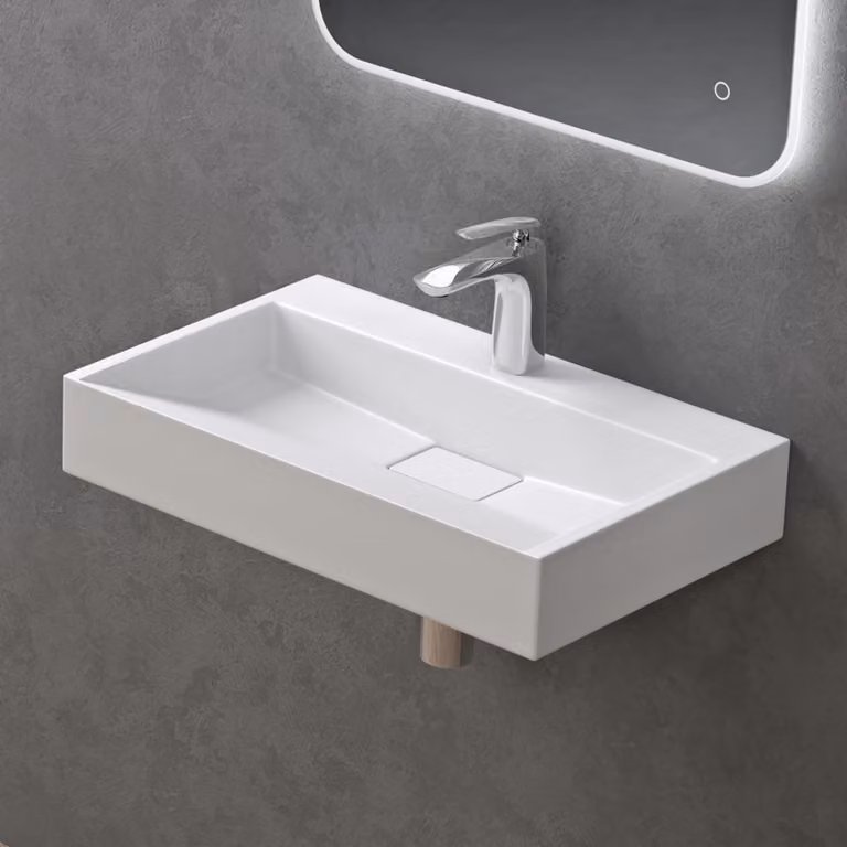 doporro Lavabo da Appoggio Bagno Sospeso Lavandino Rettangolare in Marmoresina con Piletta di Scarico Inclusa Colossum19, 60x38x11 cm Bianco Opaco Monoforo