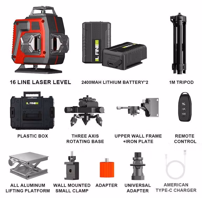 Livella laser a linee - Modello 3D/4D con 16 linee - Livellamento automatico a 3° - Batteria ricaricabile tramite USB - Livellamento verticale e orizzontale - Treppiede - Custodia in plastica - Colore rosso