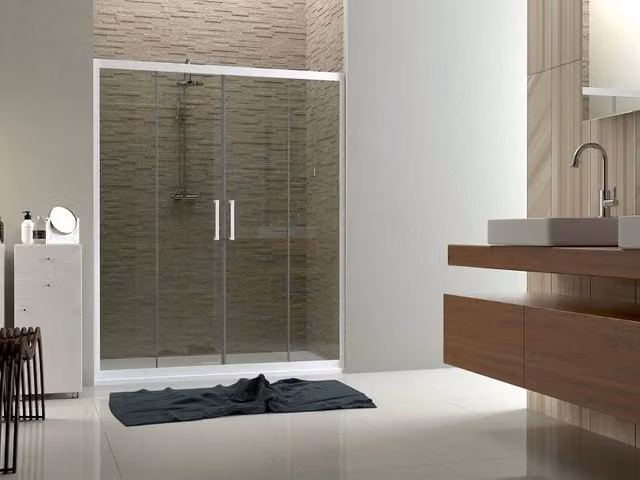 Porta box doccia scorrevole apertura centrale pvc bianco, cristallo 6mm h.190cm Forglas Trasparente 6mm,150/140 cm