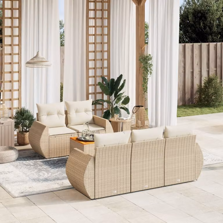 Set Divano da Giardino vidaXL 6 pz a L in Polyrattan con Cuscini Beige e Tavolino da Caffè