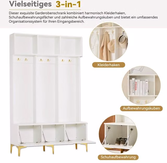Set da ingresso con panca contenitore; 6 ganci dorati; ripiani e cassetti; truciolato; bianco; 120x40x191;5 cm