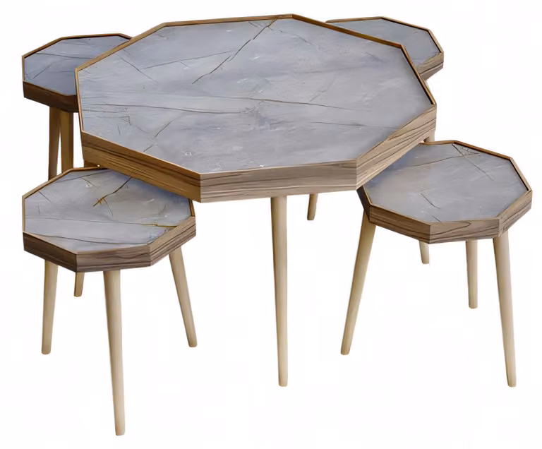 Eleganter grauer Holztisch-Set mit Couchtisch und Beistelltischen