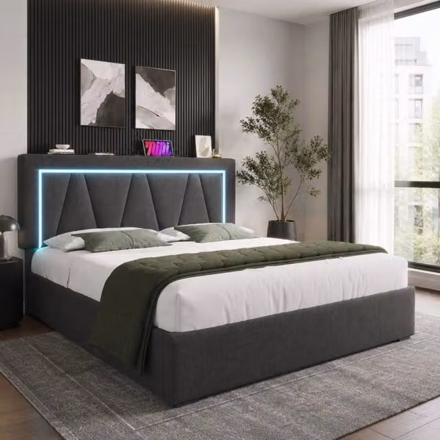 Letto contenitore imbottito Mivray in tessuto grigio con illuminazione LED, porte USB e Type-C, L/P/H: 140 x 200 x 146,5 cm