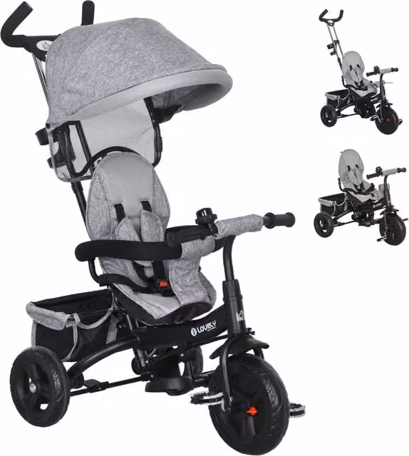 Triciclo per Bambini 6 in 1 Grigio con Maniglione Direzionale Tettuccio Parasole e Cestino Telaio Robusto per 1-5 Anni
