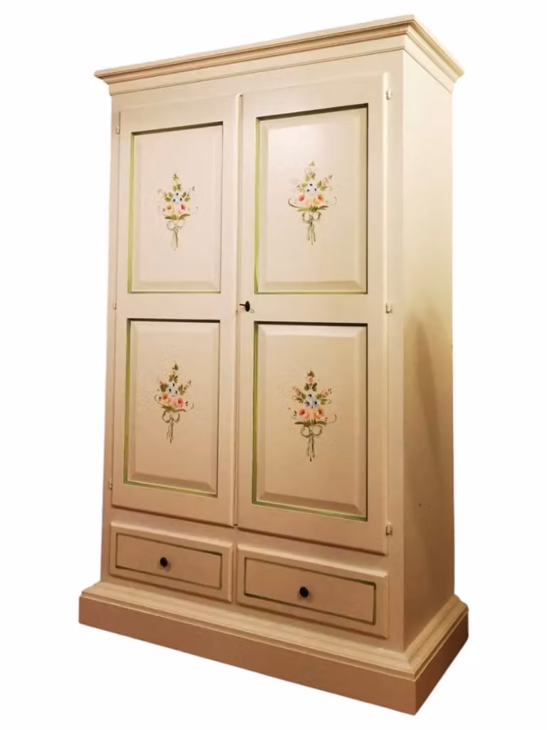 Armadio 2 porte in legno stile shabby chic avorio e verde decorato con motivi floreali Mobili 2G L/P/H: 125 x 61 x 200 cm