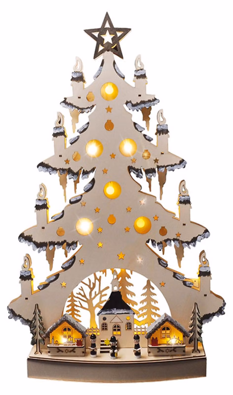 Albero di Natale in legno con luci LED Solight e decorazioni, 23 LED, colore naturale, 64 cm, 2 batterie AA 1V282
