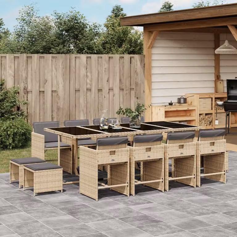 Set Pranzo da Giardino vidaXL 13 pz in Polyrattan con Cuscini Beige e Piano in Vetro