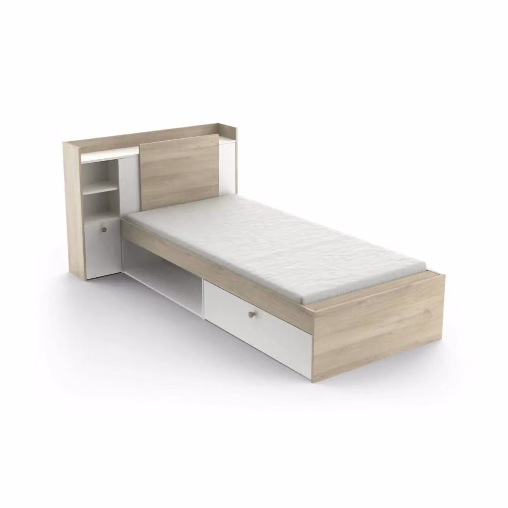 Letto singolo Wali DMORA con cassetti, struttura in legno e MDF, Rovere e Bianco, L: 120 cm, P: 200 cm, H: 91 cm – 2