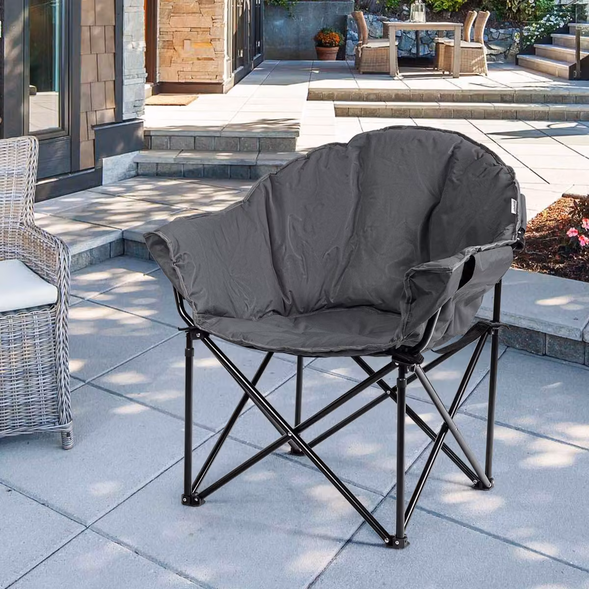 Sedia pieghevole da campeggio rotonda Costway con cuscino e porta bicchiere, Grigio