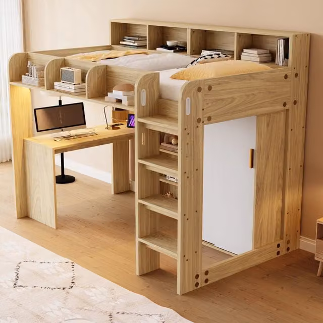 Letto a soppalco 90 × 200 cm con scrivania, armadio, contenitore, LED e presa, senza materasso, legno naturale