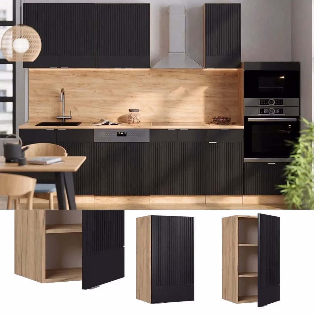 Pensile da cucina Vicco Fame-Line moderno con ante a battente nero rigato e rovere dorato L: 40 cm – 2