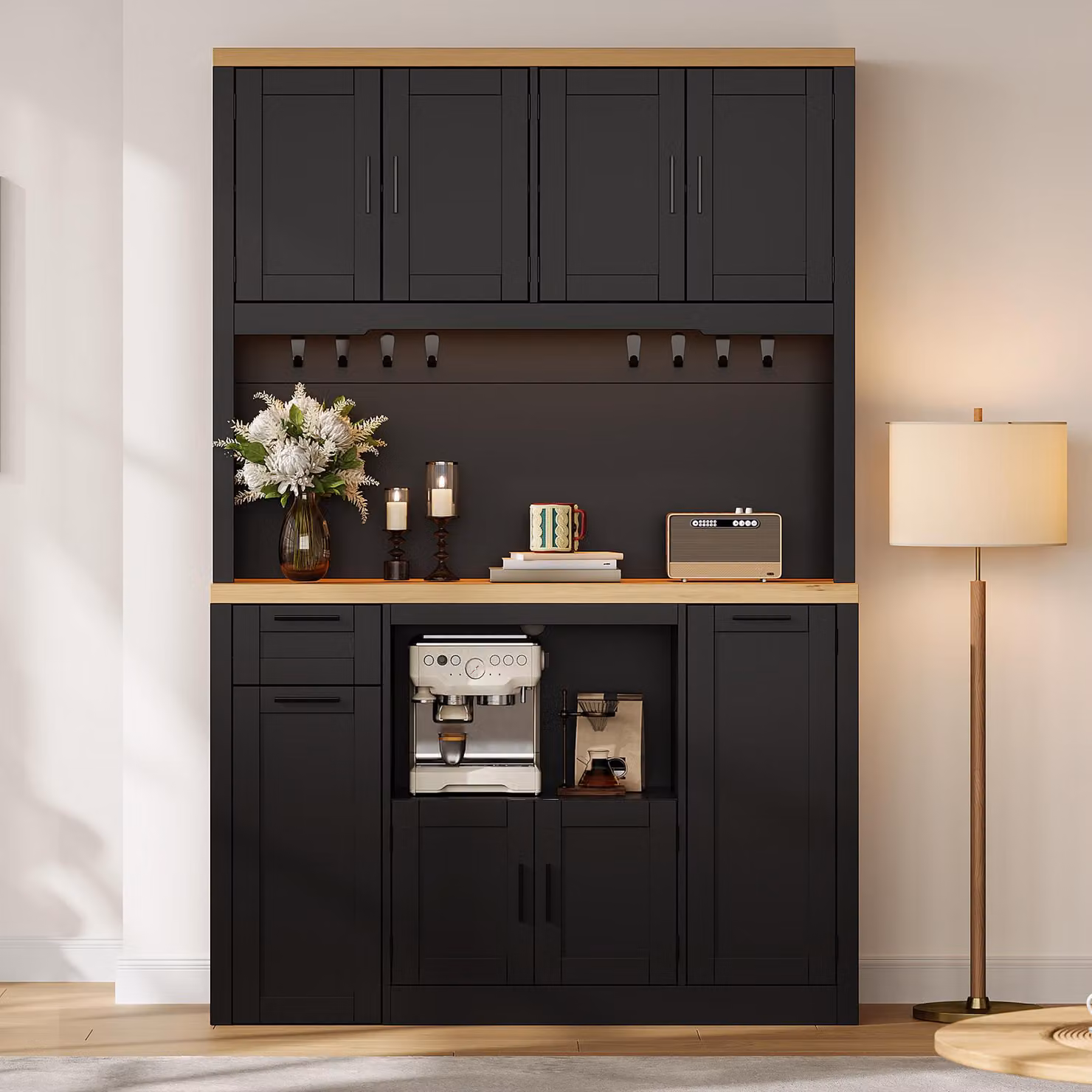 Armadio da cucina con cassetti, dispensa con illuminazione a LED e prese di corrente, vetrina con ripiani, dimensioni 120x40x182 cm, colore nero, materiale: MDF e pannello di fibra a media densità