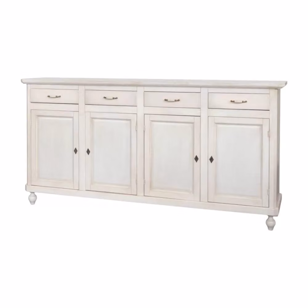 Credenza Shabby Chic Mobili 2G in Legno Bianco Anticato con 4 Porte e 4 Cassetti L: 196 cm, P: 45 cm, H: 98 cm