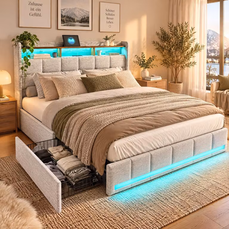 Letto imbottito 160x200 cm con LED integrati nella testata e presa USB, letto matrimoniale con 4 cassetti, struttura del letto con rete a doghe, colore lino, beige (senza materasso)