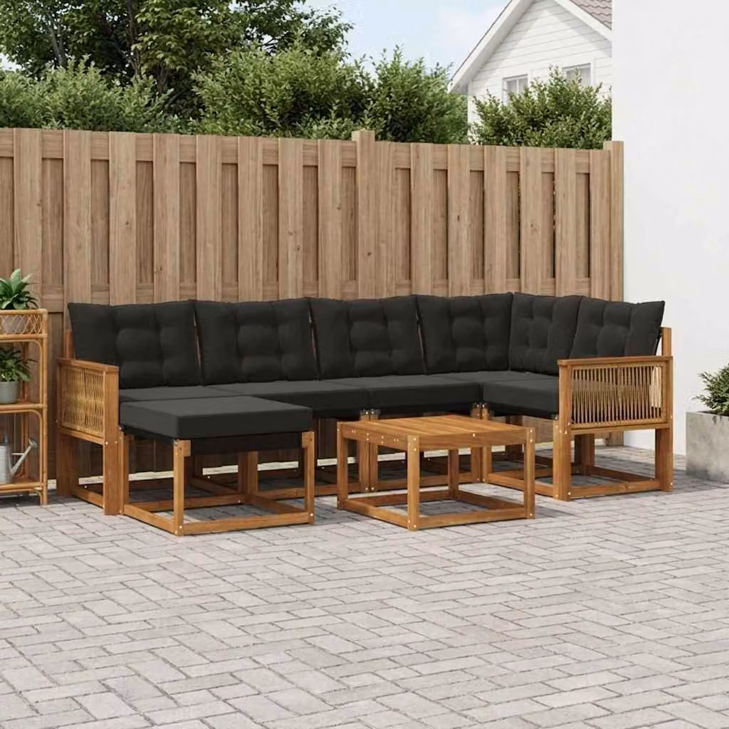 Set di divani da esterno vidaXL 7 pz in legno di acacia con cuscini e tavolino, colore marrone e nero
